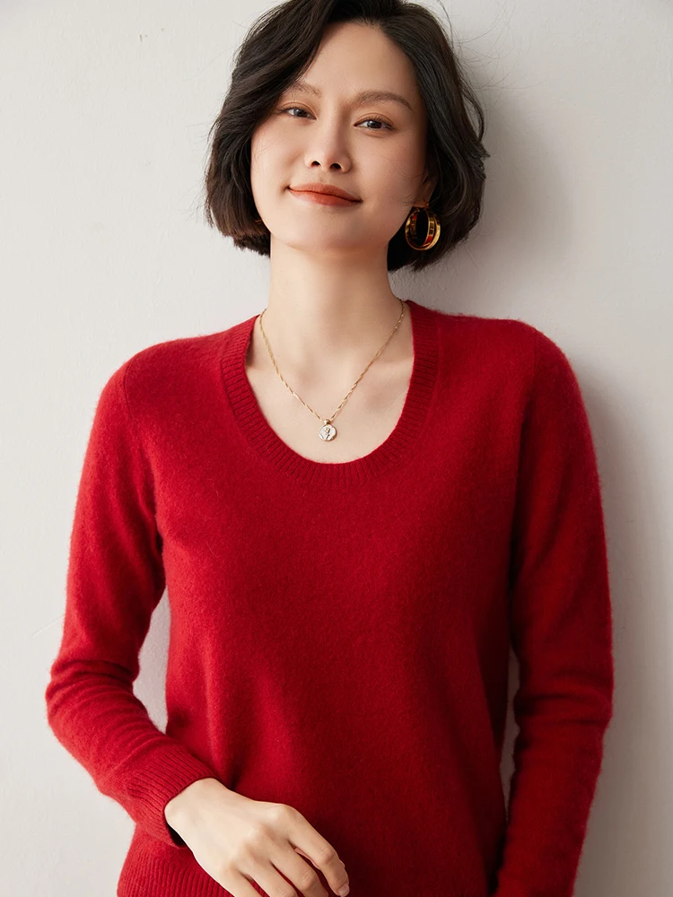 Autumn Winter High-end 100% Cashmere Sweater Women's Pullover Knitwear U-neck Solid Versatile Soft Basic Long Sleeve Tops