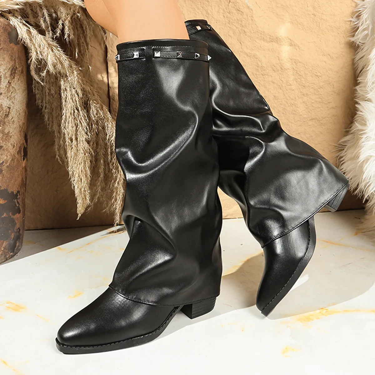 

Mid-heel Trouser Boots for Women, Pointed-Toe, Large-sized, Pleated Sleeve, British High Boots, New Style, 2025 Winter
