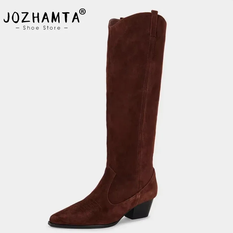 JOZHAMTA Size 34-43 Popular Denim Women Knee-High Boots Autumn Winter Fashion Thick High Heels Real Leather Office Lady Shoes