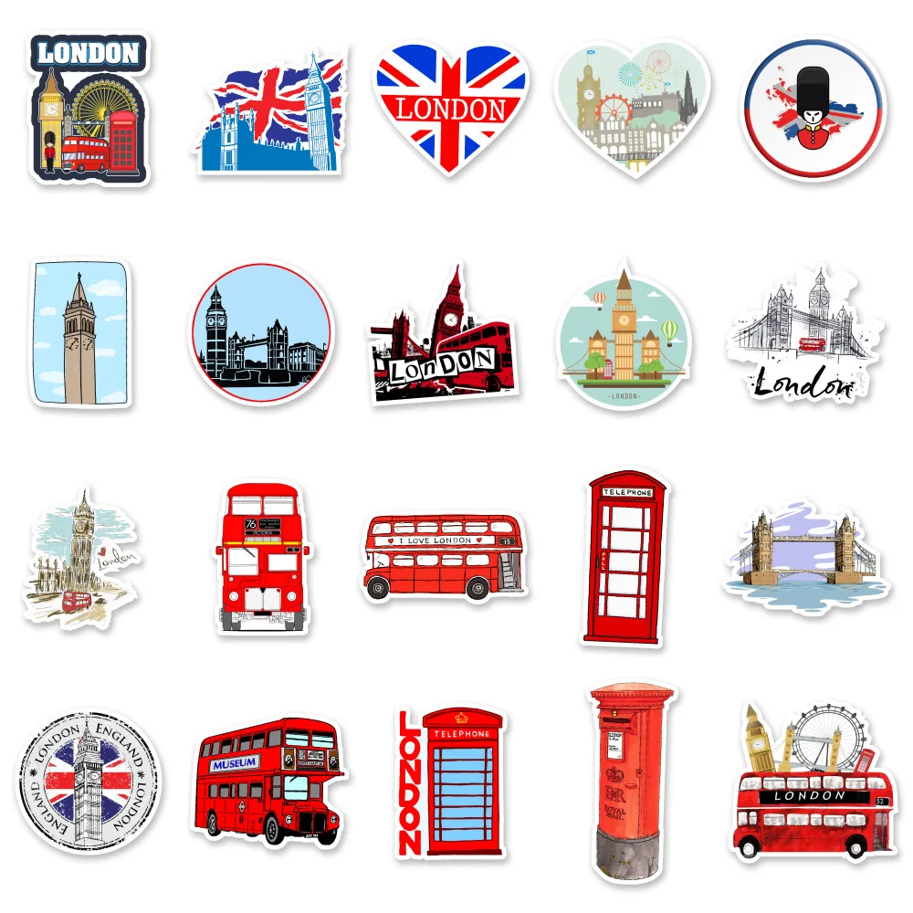 50Pcs Classic British Style London Bus Wall PVC Decorative Stickers Scrapbooking Stick Label Diary Stationery Album Sticker