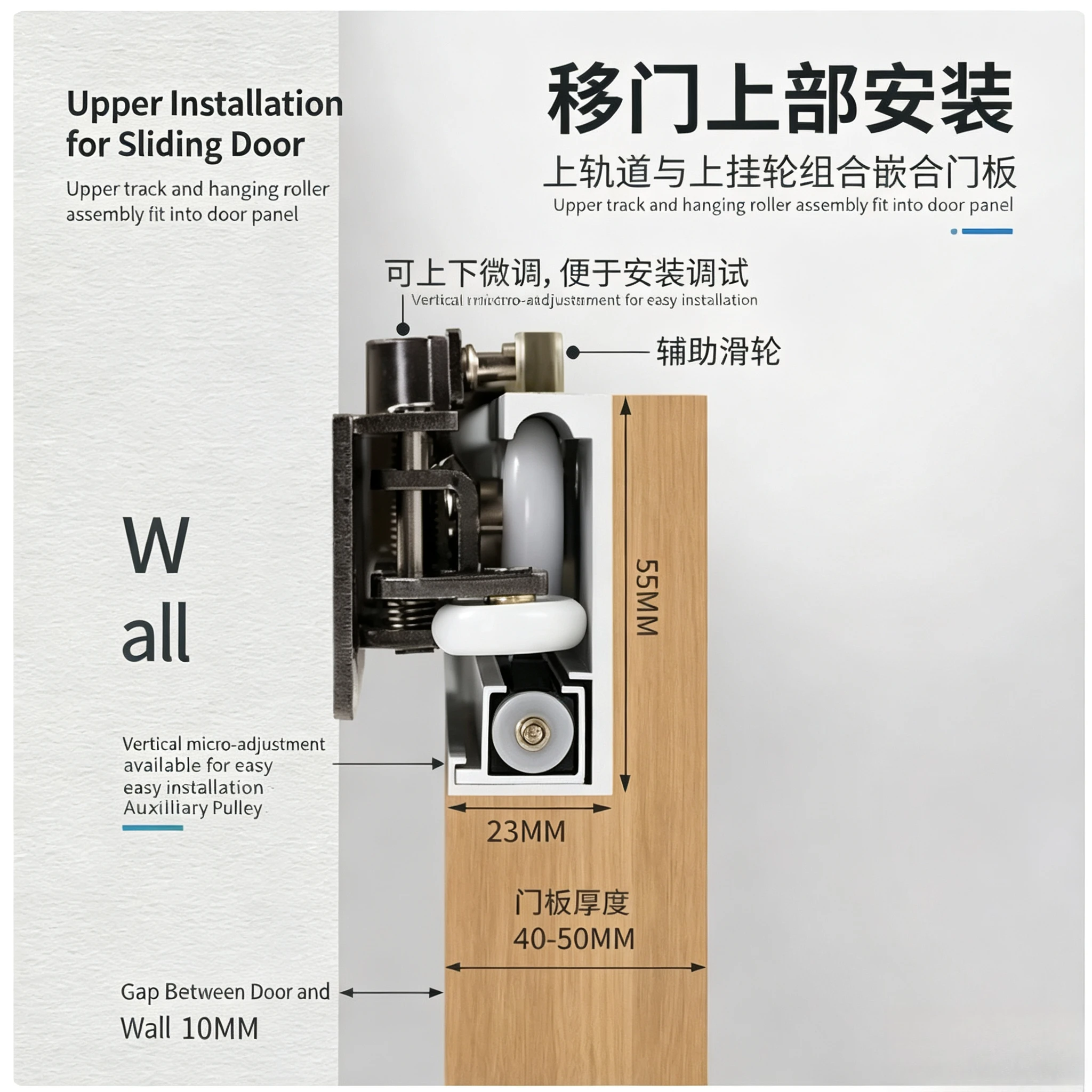 8‑Wheel Ghost Door Hardware, Upper Hanging Track No Lower Rail for Room & Cabinet Sliding Doors