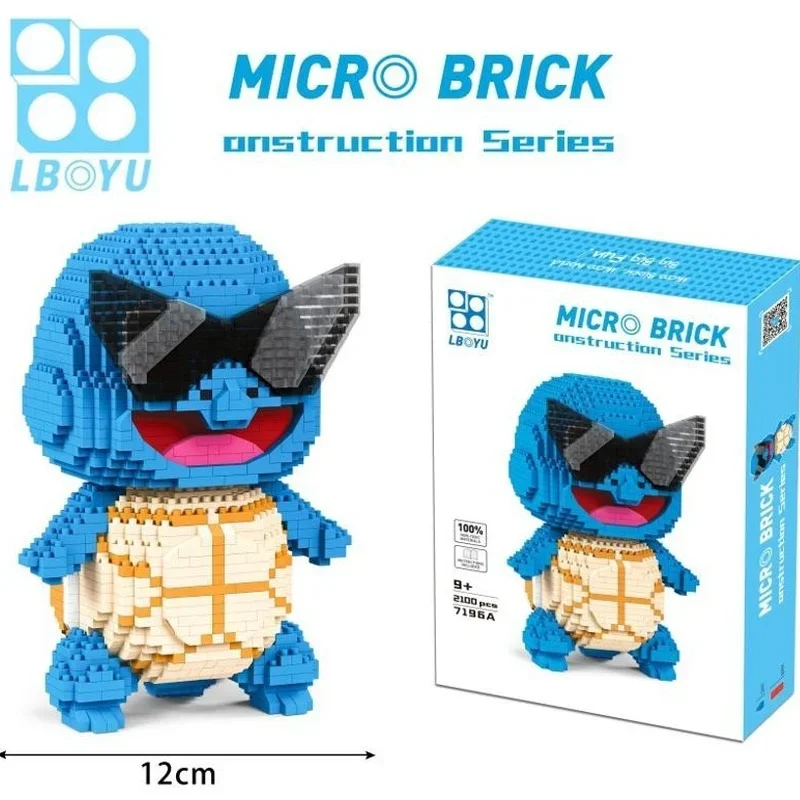 2100pcs 7196A Sunglasses Squirtle Micro Diamond Bricks Pokemon Building Block Anime Figure  Figures Model Toys for Kids