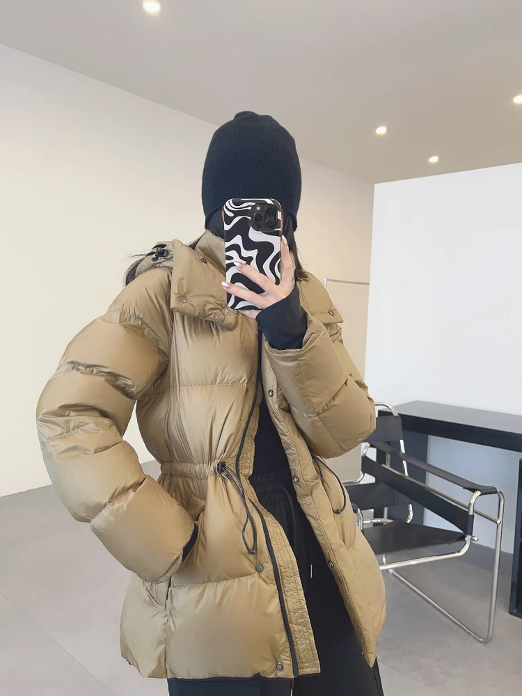 Winter New Down Jacket Female White Duck Down Thicken Warm Mid-length Hooded Puffer Jacket Stand Collar Drawstring Slim Coat