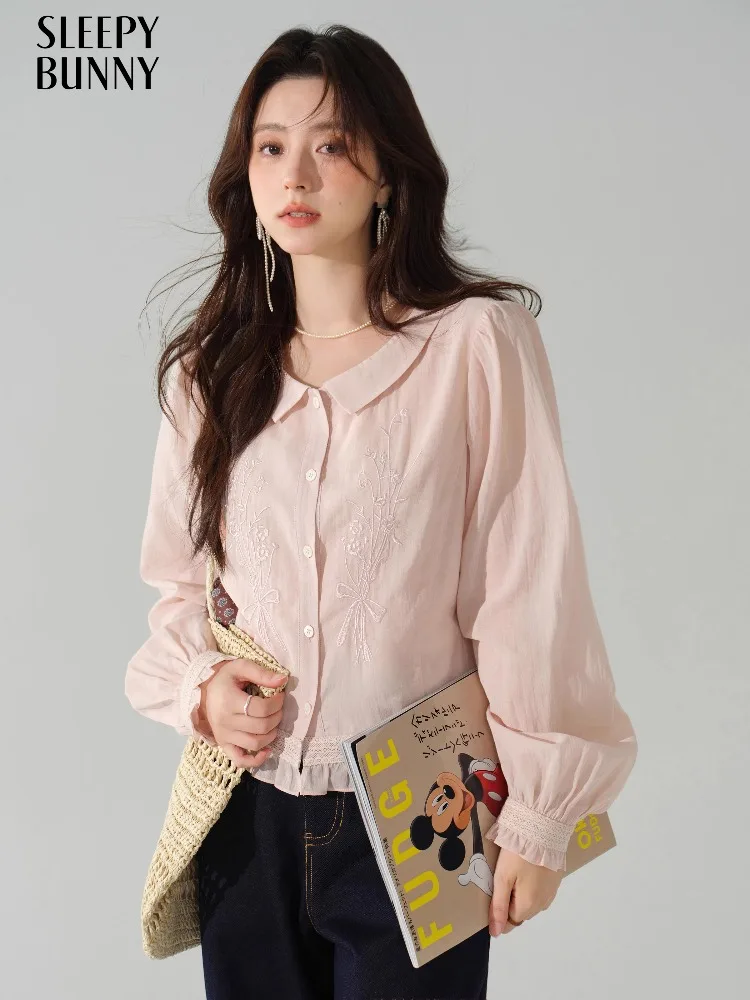 Franse geborduurde blouse voor dames herfst shirt met lange mouwen zoete ruches top elegante button-down casual outfit dagelijks gebruik