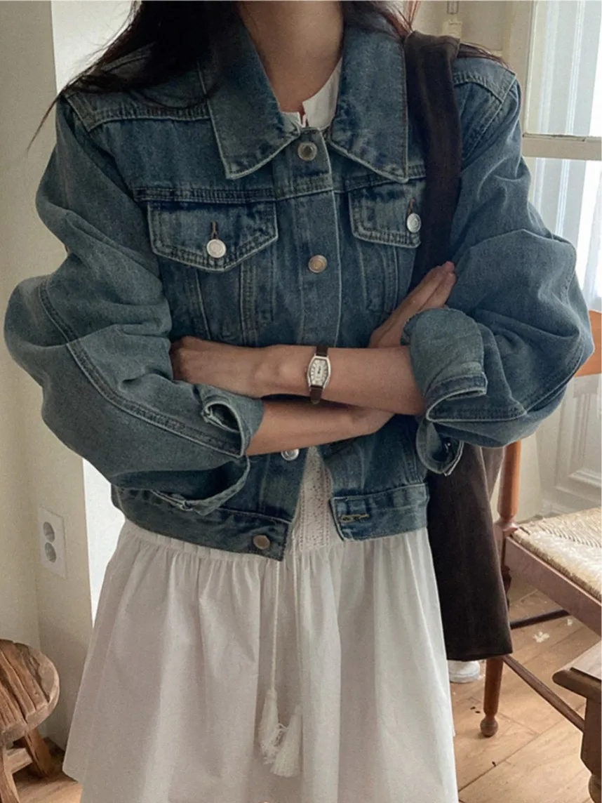 

Versatile Sle oulder Padded Denim Jaet Autumn Winter Sweet And Sal JL No Str Faion Outerwear for Women