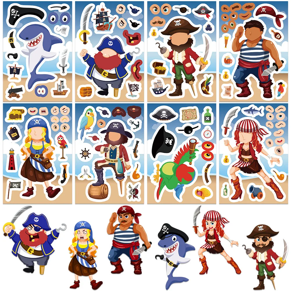 8/16/32Sheets Cartoon Pirate DIY Make A Face Puzzle Stickers Dress Up Game Face Funny Assemble Stickers Kids Creative Toys Gifts