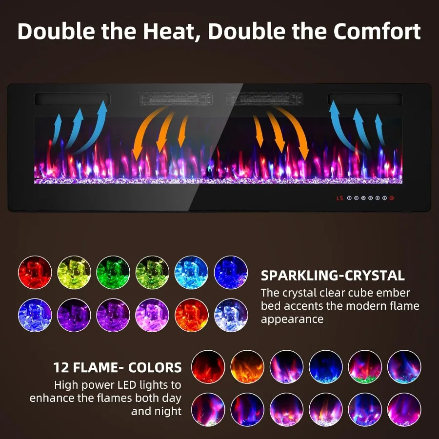 مدفأة كهربائية 60 بوصة لغرفة المعيشة مثبتة على الحائط أو تركيب قائم بذاته مع مؤقت تحكم عن بعد باهتة 12 فلام