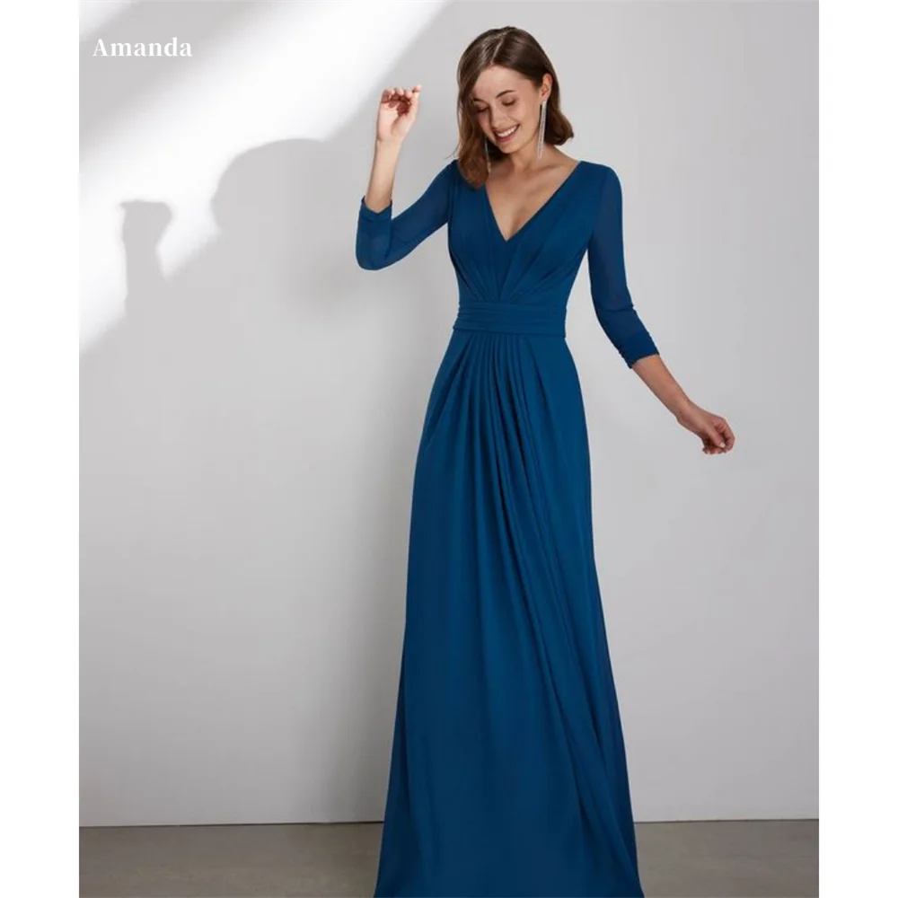 

Amanda A-Line V Neck Draped robes de soirée Long Sleeve Floor-Length Simple Evening Dresses Cocktail Party Formal Wedding Dress