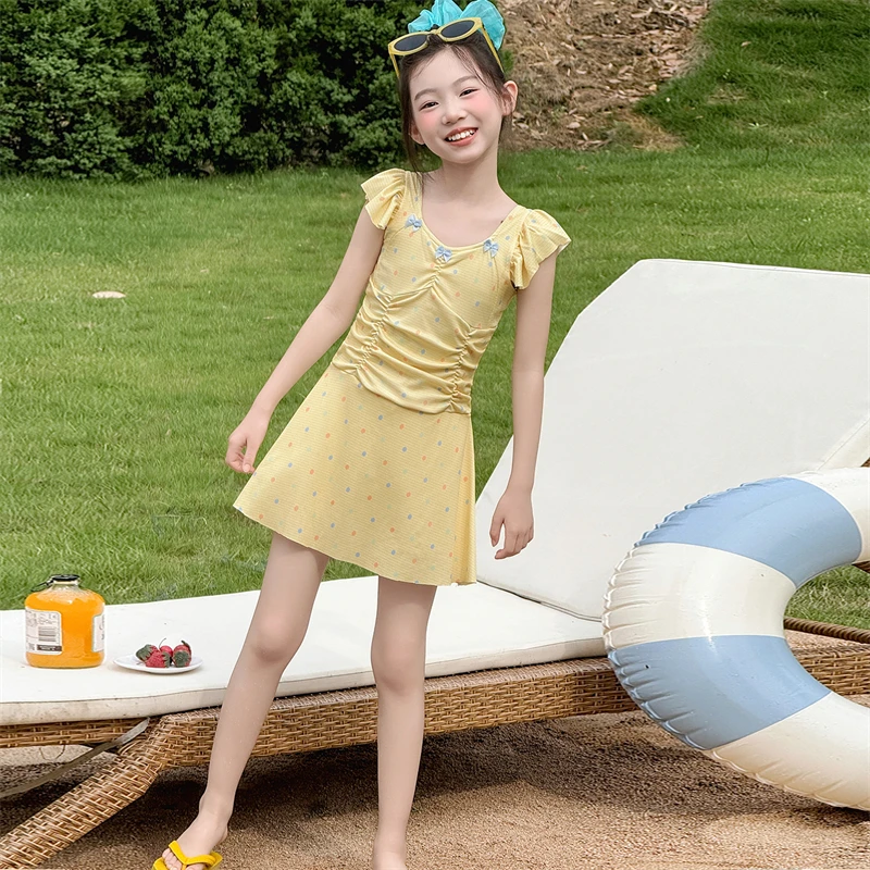 Girls One Piece Swimsuit 2026 Yellow Polka Dot Bow Ruched Waist Children Summer Beach Pool Bathing Wear 110-170cm 20-50kg