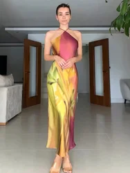 Tie Dye Print Satin Slip Dress Women Summer Thin Strap Halter Long Dresses Sexy Backless Date Night Wedding Guest Party Dresses