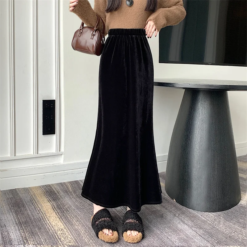 

Velvet Skirt Women High Waisted Midi Skirt French Style Elegant Retro Winter Gold Fish Tail Hem Classic Warm Autumn Casual