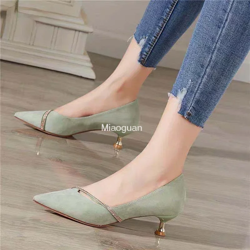 One Word Oblique Strap 2024 Low-heeled Shoes Women's All-match Small Fresh Rhinestone Pointed Shoes Pumps Fashion Elegant Shoes