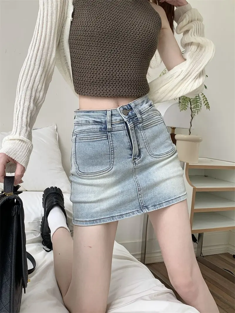 Mini Denim Skirt Female Tight Zipper Wrap Women'S Denim Skirt High Waist Anti-Exposure A-Line Hip-Covering Short Skirt