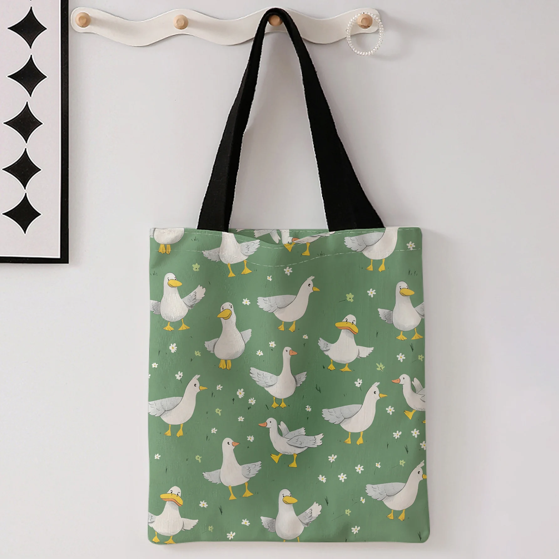 Cartoon White Duck And Tiny Daisy Floral Repeat Print Tote Bag Large Capacity Shoulder Bag For Shopping Travel Daily Use