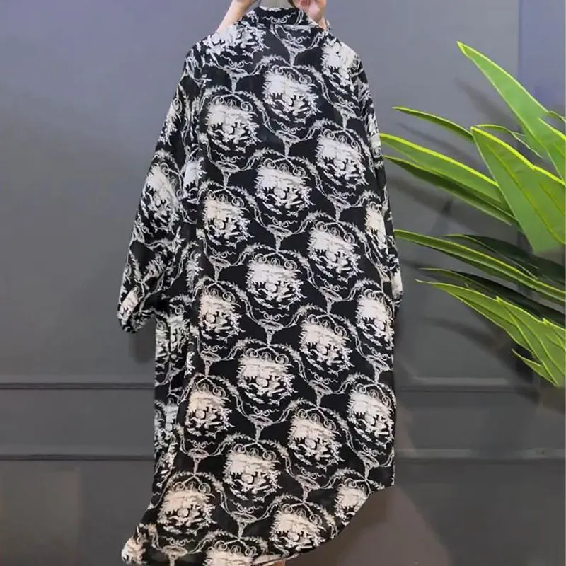 Streetwear Stylish Printed Dresses Spring Autumn Long Sleeve Female Clothing Commute Button Turn-down Collar Straight Midi Dress