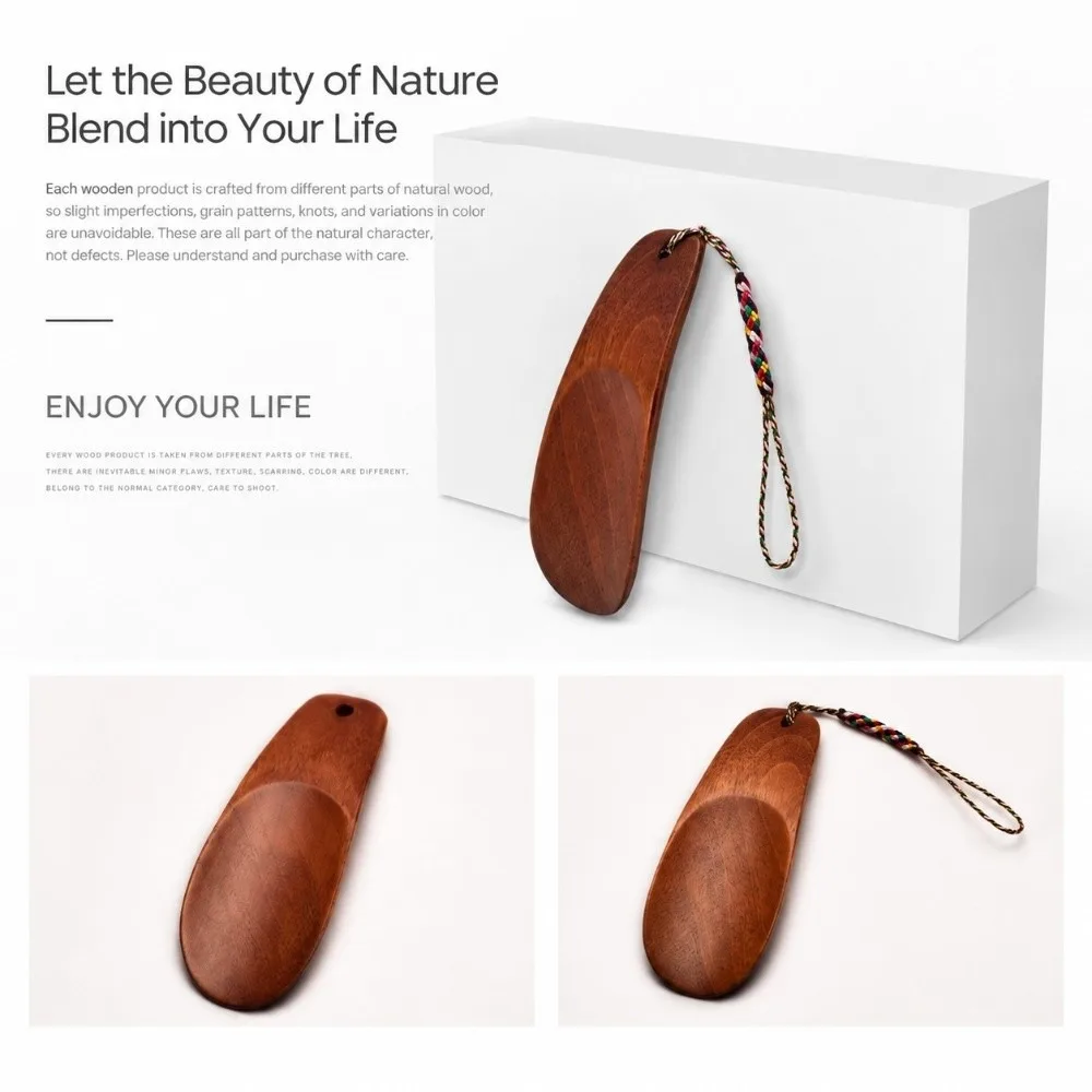 Small Mini Wood Shoe Horn Solid Wood Curved Shape Shoe Helper Braided Lanyard Polished Surface Shoe Spoon Daily Shoe Wear