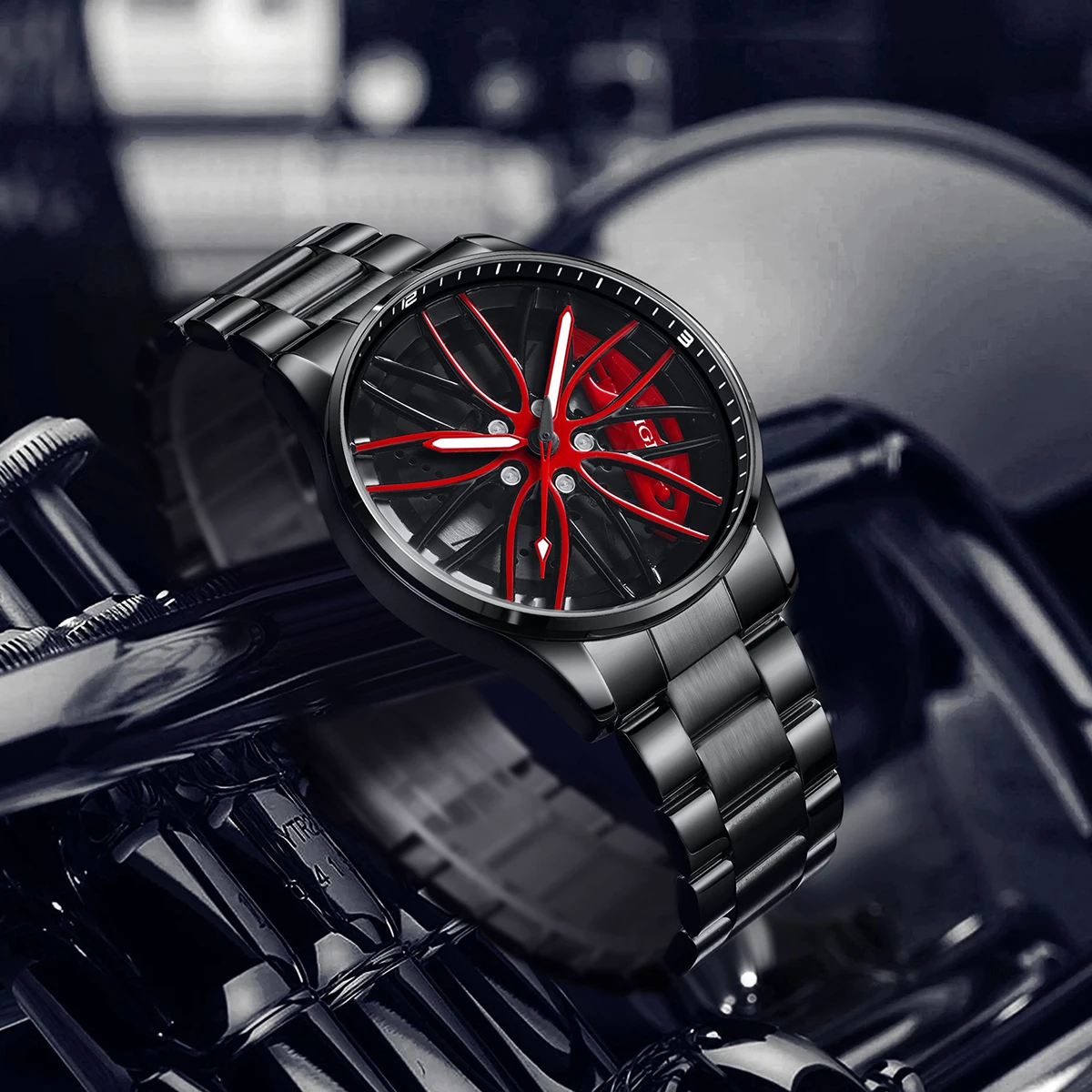 LIGE Creative Car Wheel Men's Watch Stainless Steel 3D skeleton Rotary Quartz Man Wristwatch Car Rim Dial Watch for Men Luminous