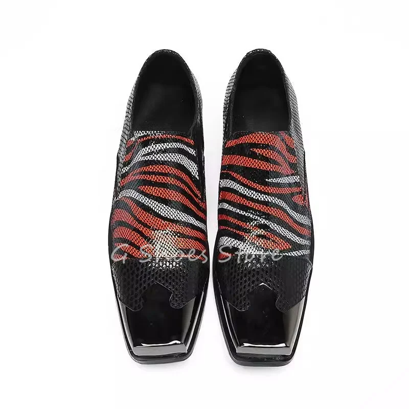 

Fashion Design Square Toe Splicing Leather Shoes for Men Mixed Color Snakeskin Pattern Chunky Heel Loafers Male Shallow Oxfords