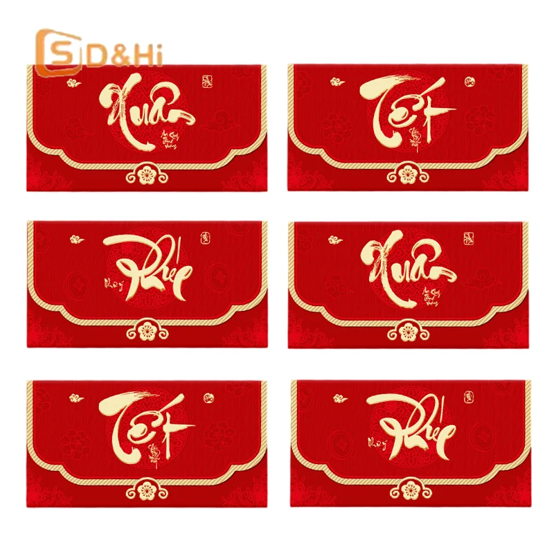 

Pack Of 6 2026 Year Red Envelopes Vietnamese Cultural Design Gold Glitters Frosted Texture For New Year Celebration