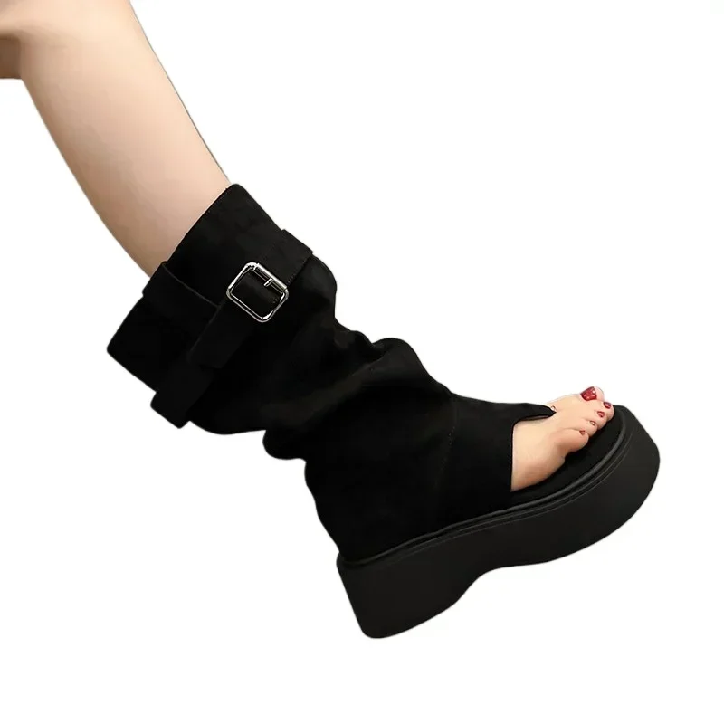 2024 Mid Heel Sponge Sole Open Toe Summer Women\'s Boots New Fashion Solid Color Mature Women\'s Shoes Womens Boots Custom Shoes