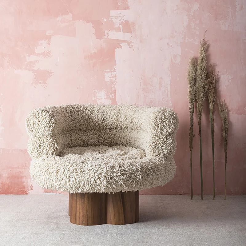 Nordic Modern Simple Wooden Base Customized Lamb Fleece Leisure Chair Villa Home Living Room Sofa Backrest Armchair Stool Set