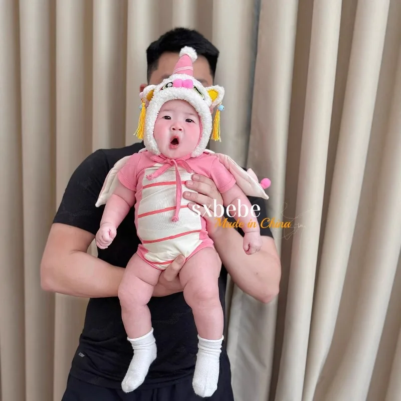 Korean Baby Dragon Romper 4PCS Set Pink Summer  Cute Short Sleeve Bodysuit Infant Photo Shoot Outfit Halloween Party  Costume