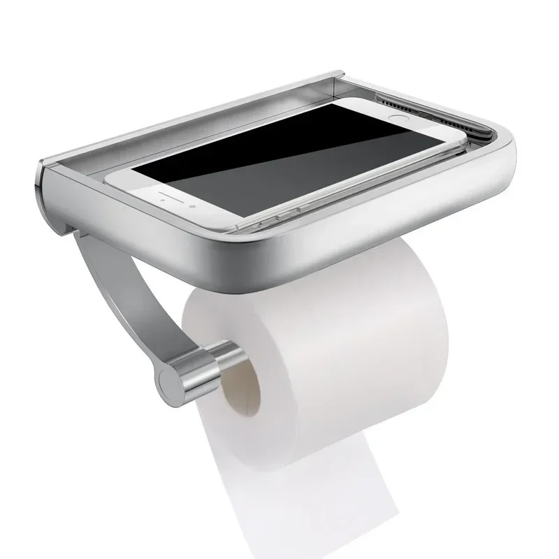 Aluminum Toilet Paper Holder - Wall-Mounted with Phone Shelf, Ideal for Bathroom