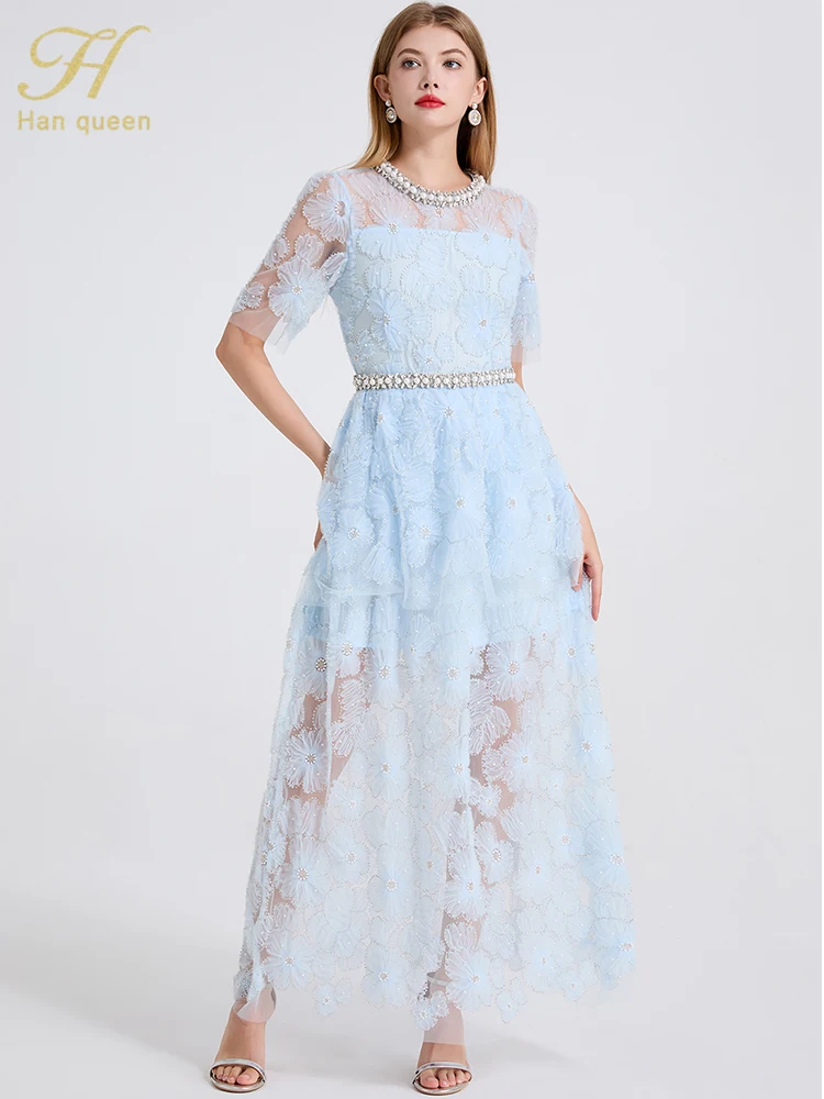 

H Han Queen New Vintage Pearl Embroidered Cake Party Dresses French Luxury Summer Simple Chic Casual Women A-Line Long Dress
