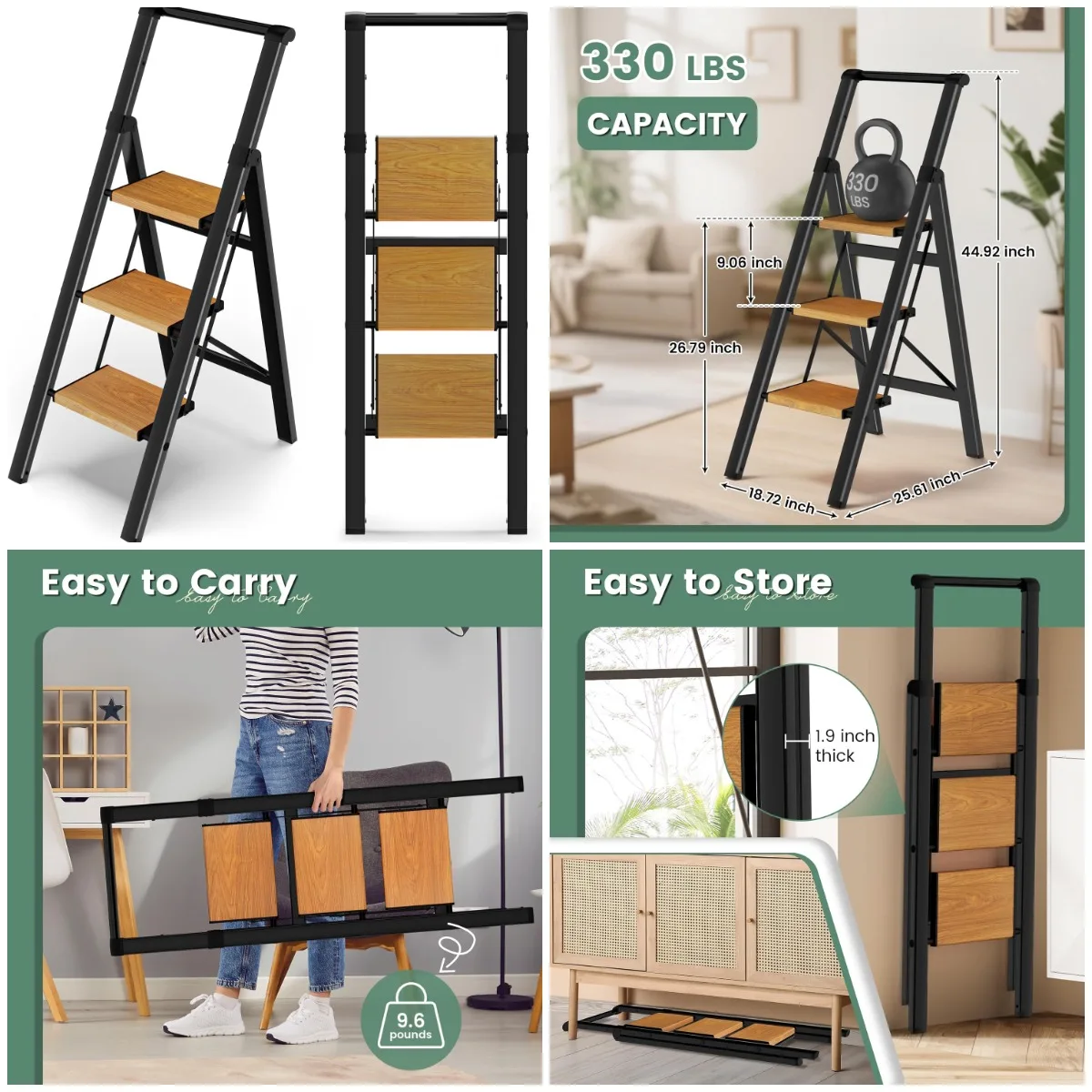 

3 Step Ladder Folding Kitchen Step Stool for Adults, Ladders for Home