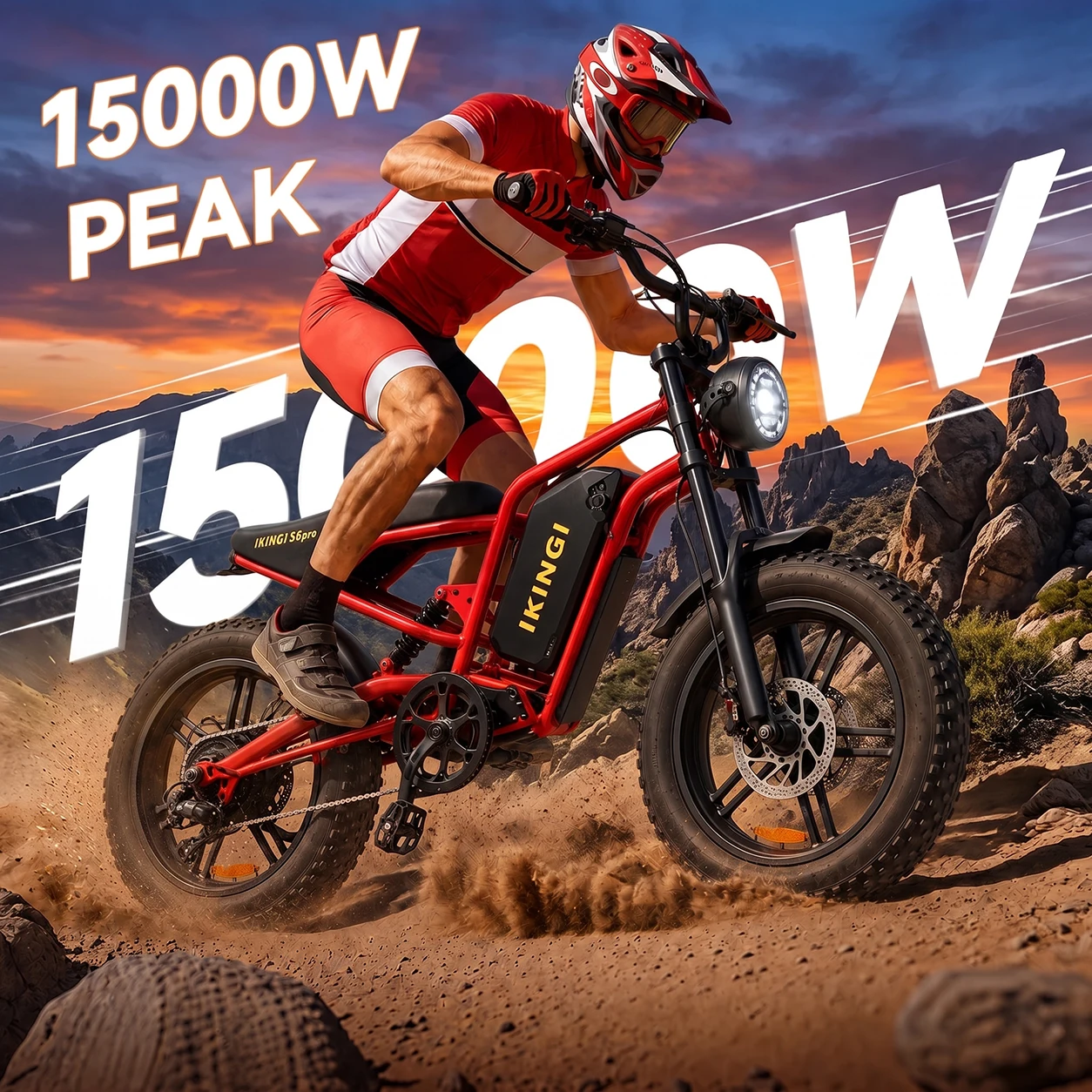 Powerful Red Full Suspension Electric Bike Fat Tire Off-Road Mountain Ebike for Adults Dual Shock Absorption Front Rear Suspension Disc Brake LED Headlight High Speed Beach Snow Trail Commuter Bicycle E-Bike