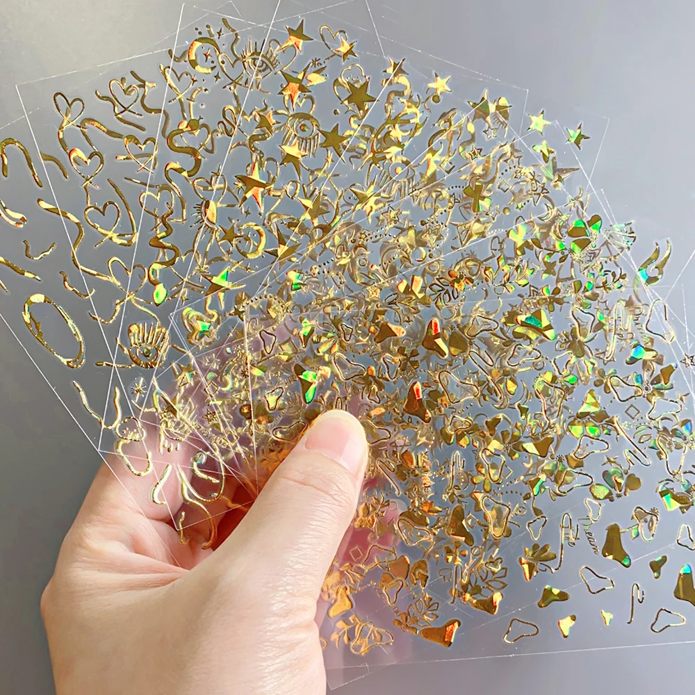 12sheets 3D Laser Gold Fire Flame Heart Lines Nail Art Sticker Self-Adhesive Star Bow Snake Flower mix Nail Decals Nail Supplies