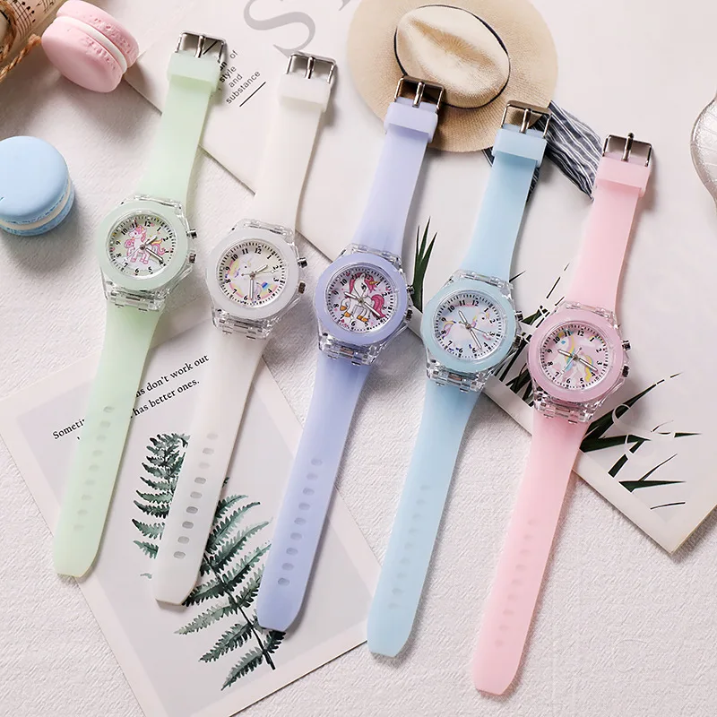 Cartoon Unicorn Children Watches Kids Color Light Source Silicone Dinosaur Girls Watch Boys Gift Clock Wrist Relogio Feminino