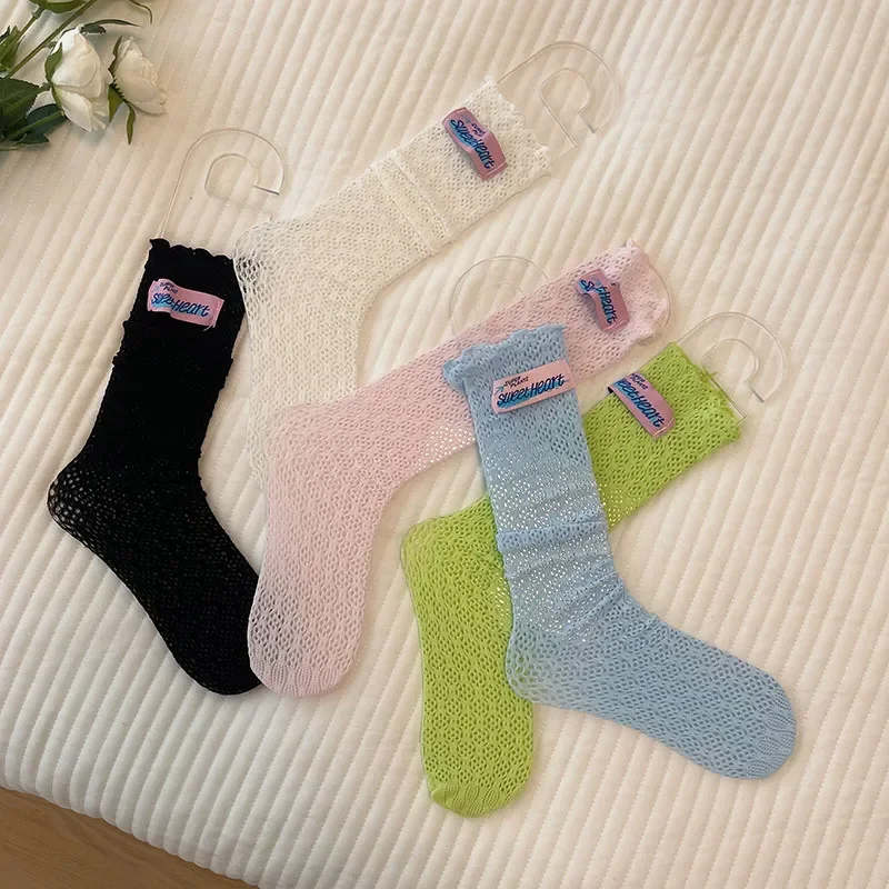 

Y2k Lolita Candy Color Plush Lace Socks Women Letter Labeled Mid Length Socks Summer Thin Hollow High Tube Kawaii Long Socks