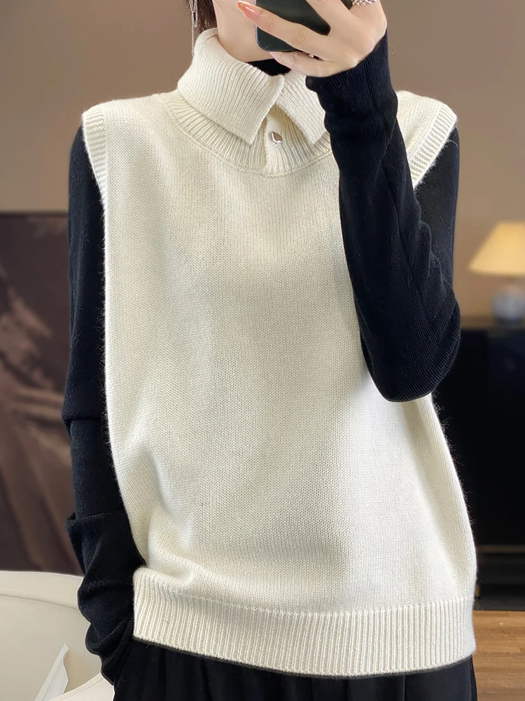 

Autumn Winter High Ne Knitted Woolen Vest Women Loose Open Cardigan Sweater Bal Faion Commute Sle S9