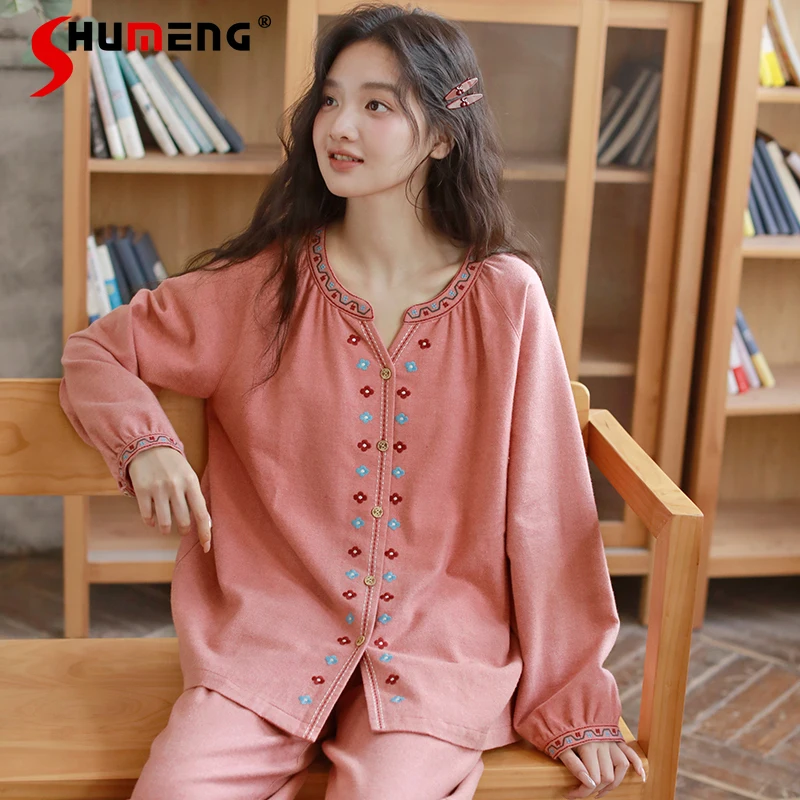 

Embroidery Full Cotton Homewear for Women Autumn Winter Pure Cotton Pajamas Female Flannel Long Sleeve Sweet Loungewear Set