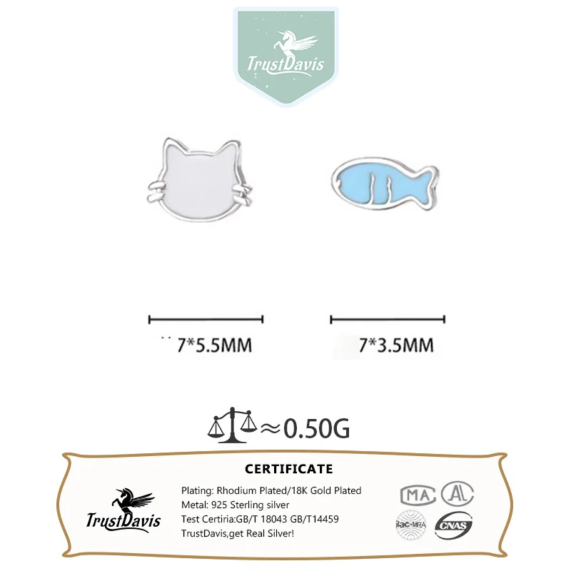 Trustdavis Real 999 Silver Fashion Sweet and Cute Cat and Fish Earrings for Women Daily Wear Jewelry Gift DS4684