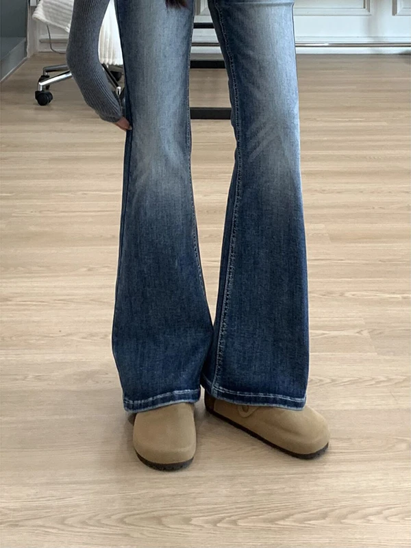 Americano retro queimado jeans feminino cintura baixa solta perna reta perna larga até o chão sino bot outono novo sle pmorh