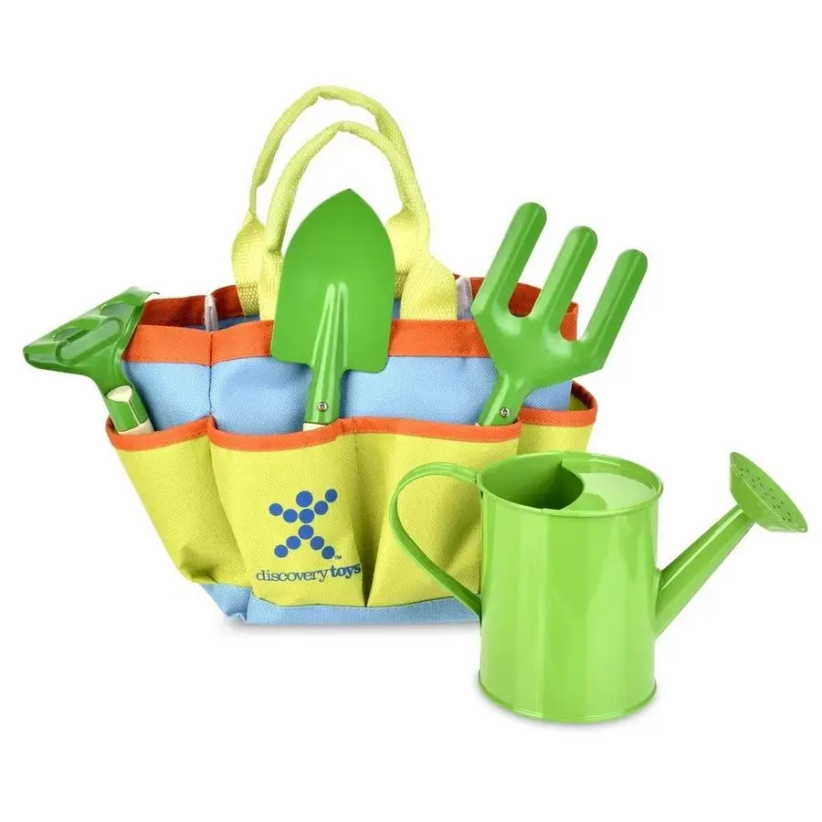 

Toys Kids Garden Tool Set 5 Piece KidSized Real Metal Tools with Wood Handles Watering Can, Tote, Spade, Fork, Rake Summer Toy G