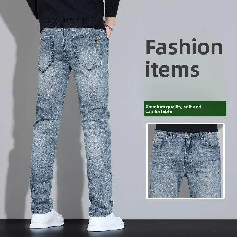 Nuovi jeans elasticizzati da uomo in pile addensato autunno inverno pantaloni in denim casual a gamba dritta calda termica pantaloni Jean morbidi e accoglienti