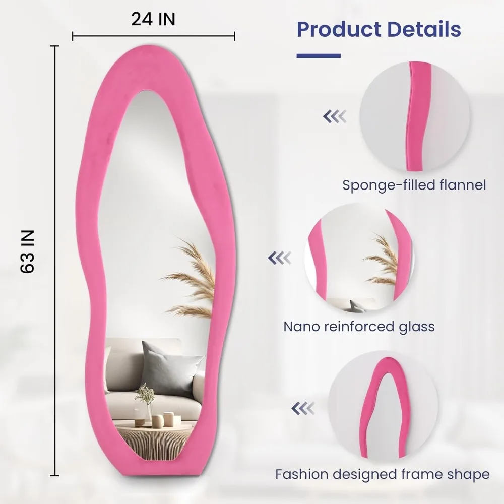 Espelho de chão inclinado de comprimento total montado na parede com moldura de flanela rosa 63x24 para formas irregulares do corpo