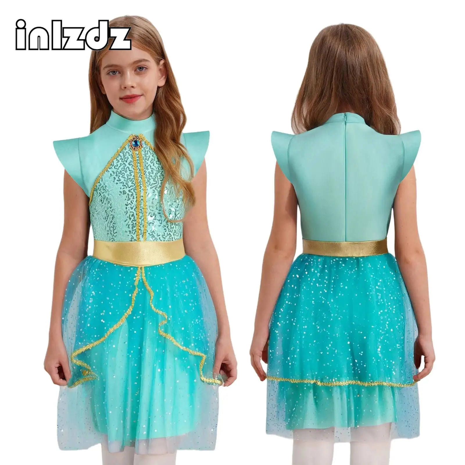 

Girls Arabian Princess Costumes Sleeveless Rhinestone Golden Woven Tape Sequins Dress Fancy Tulle Costume for Halloween Party