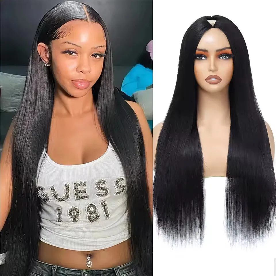 

V Part Straight Human Hair Wigs Remy Hair Brazilian Full Machine Natural Color No Leave Out Upgrade Wigs 16-32 Inches