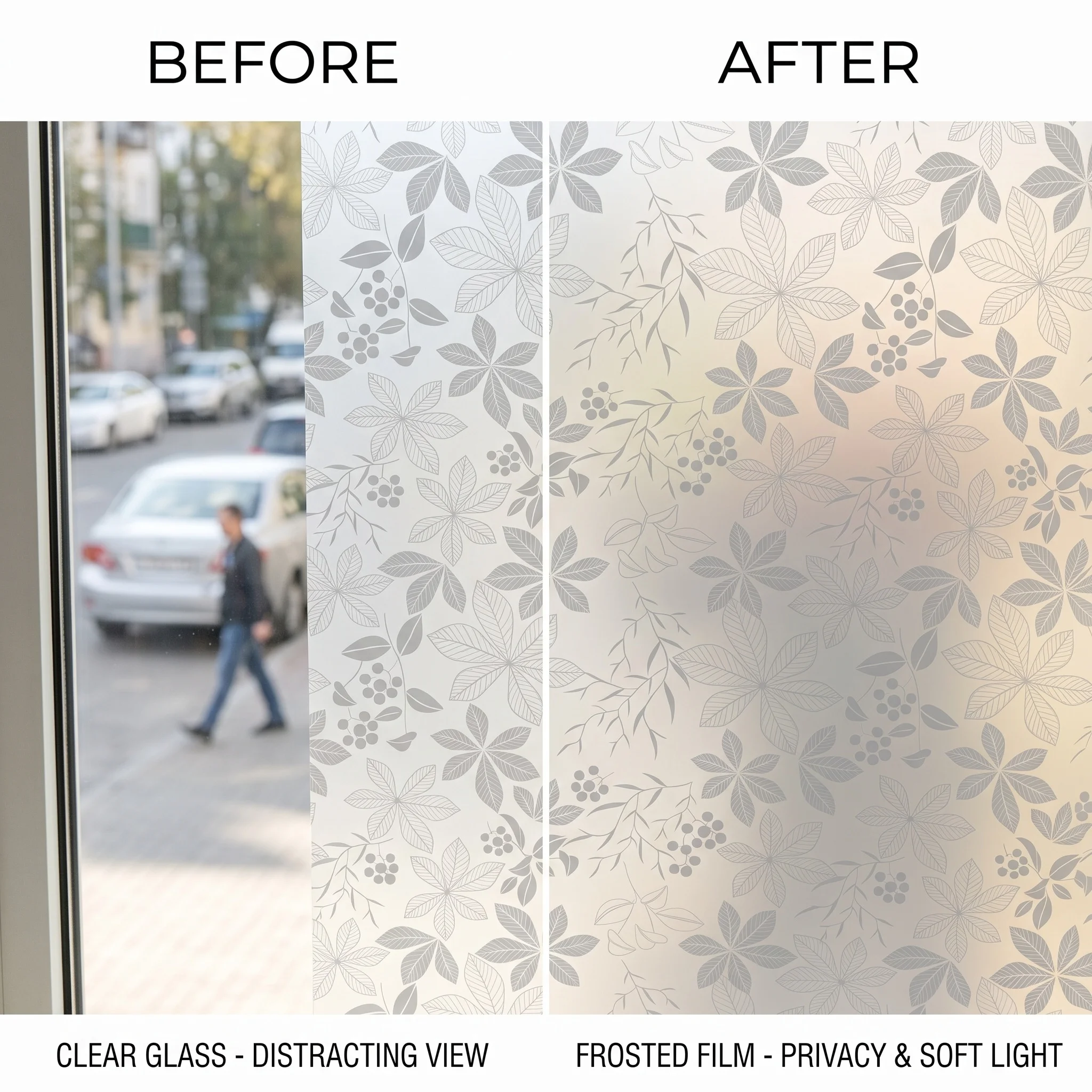 Leaf Berry Pattern Privacy Window Film Self-Adhesive Opaque Frosted Glass Sticker for Home Bathroom Kitchen Office Anti-UV