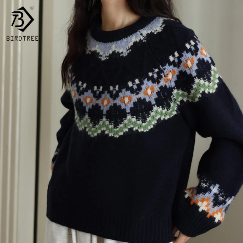 

Birdtree,100% Pure Wool Sweater,Women Jacquard Knitted Warmth Christmas Tops, Full Sleeve, 2025 Fall Winter Pullover T5D128JF