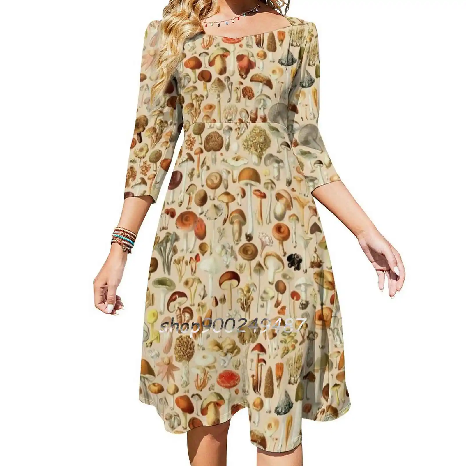 Vintage Mushroom Designs Collection Sweet Elegant Dress Women Korean Kawaii Square Collar Dress Mushroom Edible Poisonous