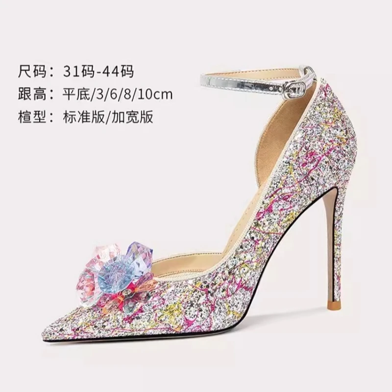 

Spring and summer new pointed crystal side empty sequins flat single shoes fine heel banquet dress large size female sandals