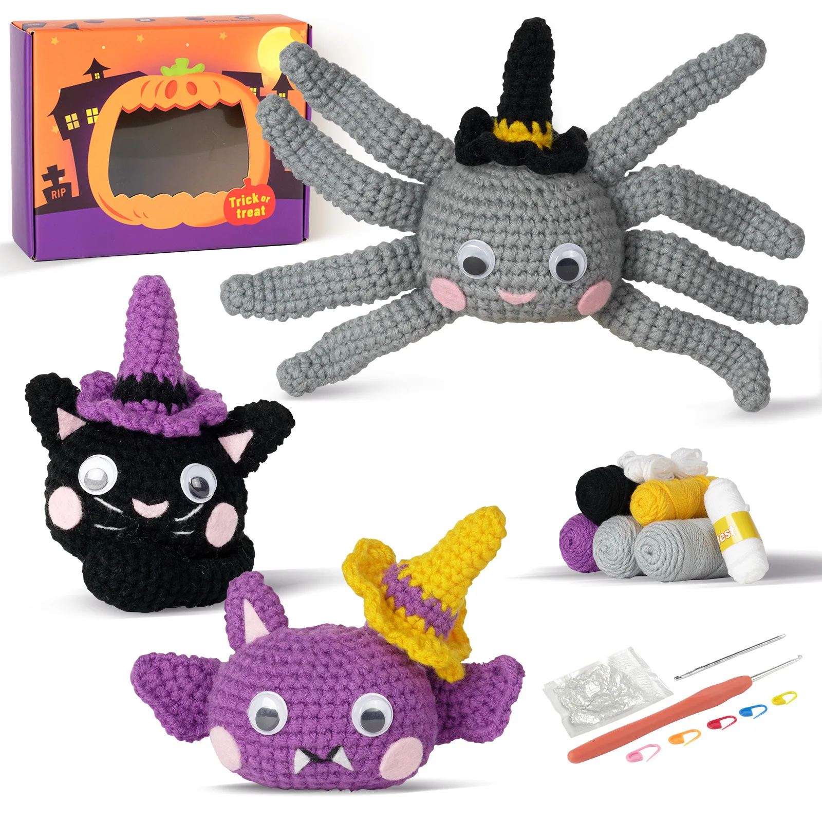 

Halloween Festival Crochet Material Kit for Beginners with Yarn Crochet Funny Cat Spider Bat Crocheting for Lovers DIY Handmade