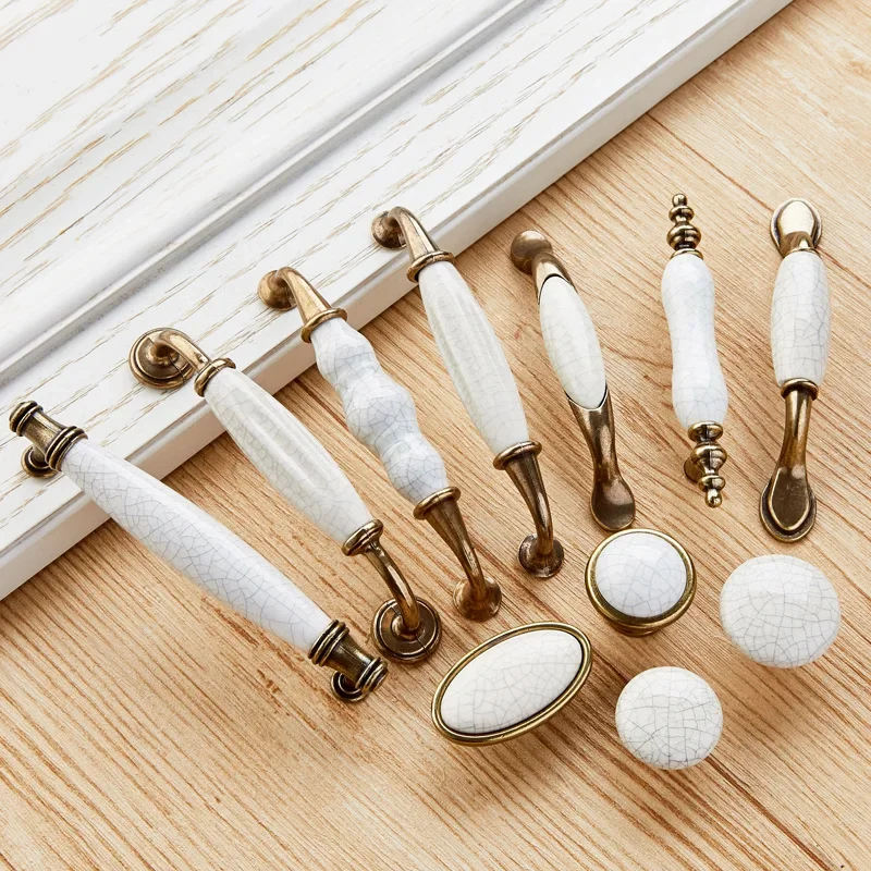 Zinc Alloy Ceramic Handle European Style Crack Kitchen Cabinet Wardrobe Handle Yellow Bronze Antique Drawer Round Knob Furniture