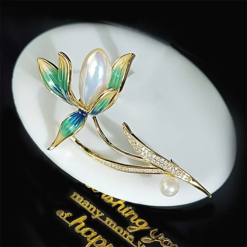 

OKILY Elegant Micro-inlaid Zircon Dripping Oil Magnolia Flower Brooch Enamel Floral Corsage Coat Pin Delicate Mother's Day Gift