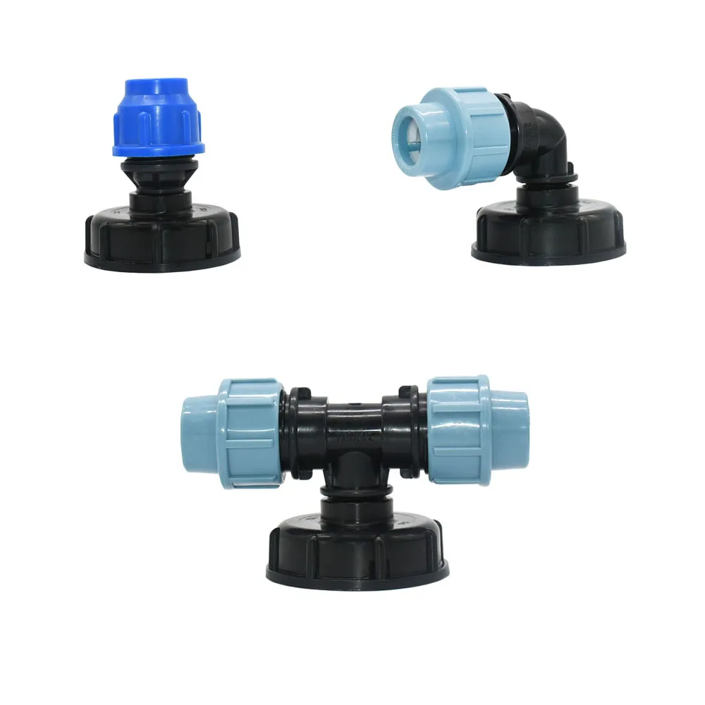 S60 ถึง 20/25/32 มม.พลาสติก PE Tube Connector Tee 2way Water Splitter ข้อศอก IBC ถังน้ําท่อ T-Shape Joint Adapter